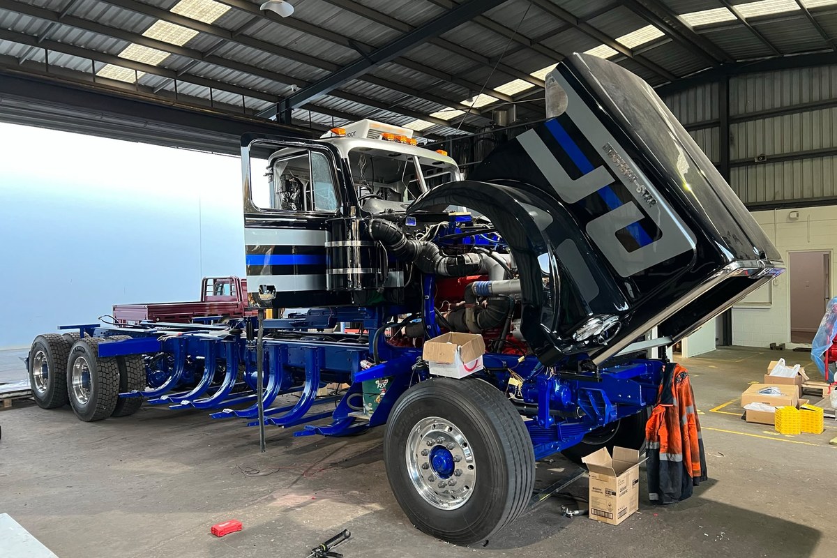 Blue chassis with engine exposed